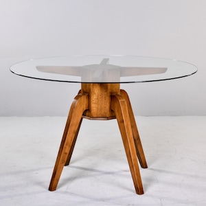 Mid Century Walnut Italian Round Dining Table With Glass Top [11695]