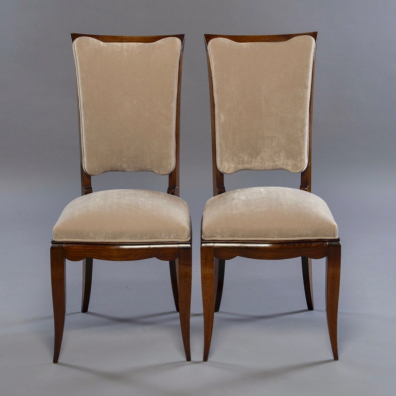 Set of 6 8594 Mid-Century Italian Polished Walnut Dining Chairs with Velvet Upholstery