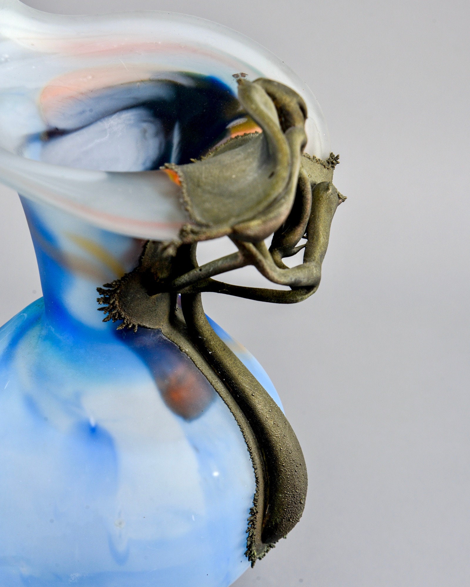 Filip Ravert Blue Art Glass Vase With Bronze Flower Overlay [9518