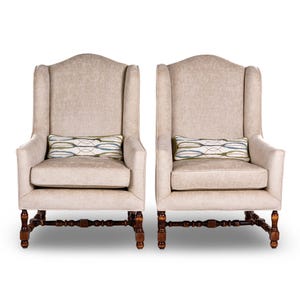 Tall French Turned Walnut Arm Chairs with New Upholstery - Pair [10218]