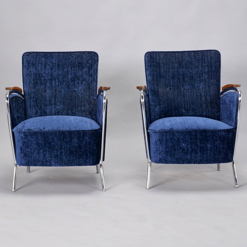 Art Deco Bauhaus Tubular Steel and Wood Club Chairs Pair 8358 image 2