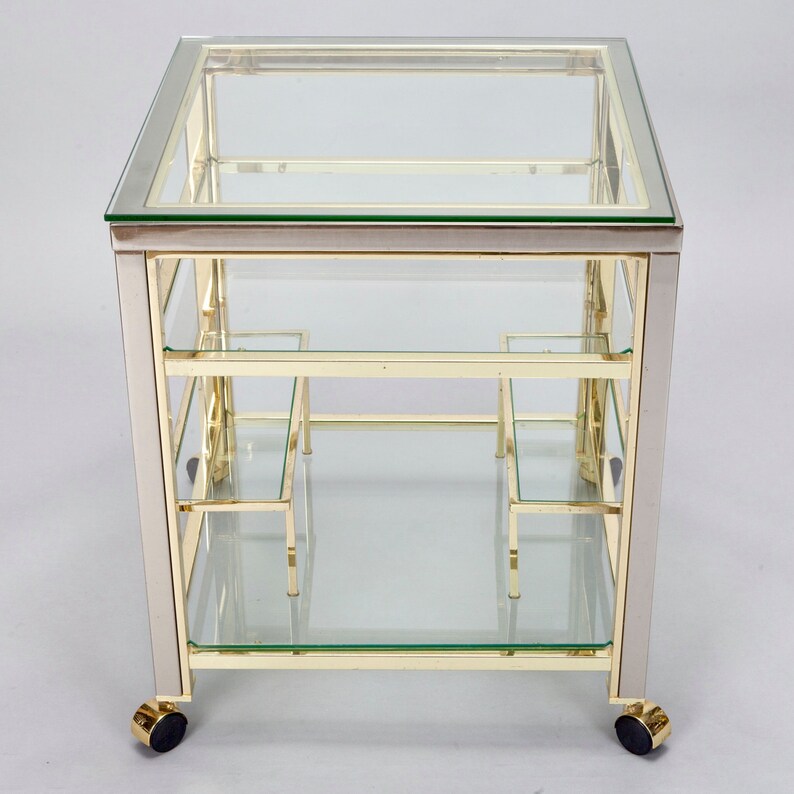Mid Century Brass and Glass Trolley Table Gold Bar Cart Side Table 5595