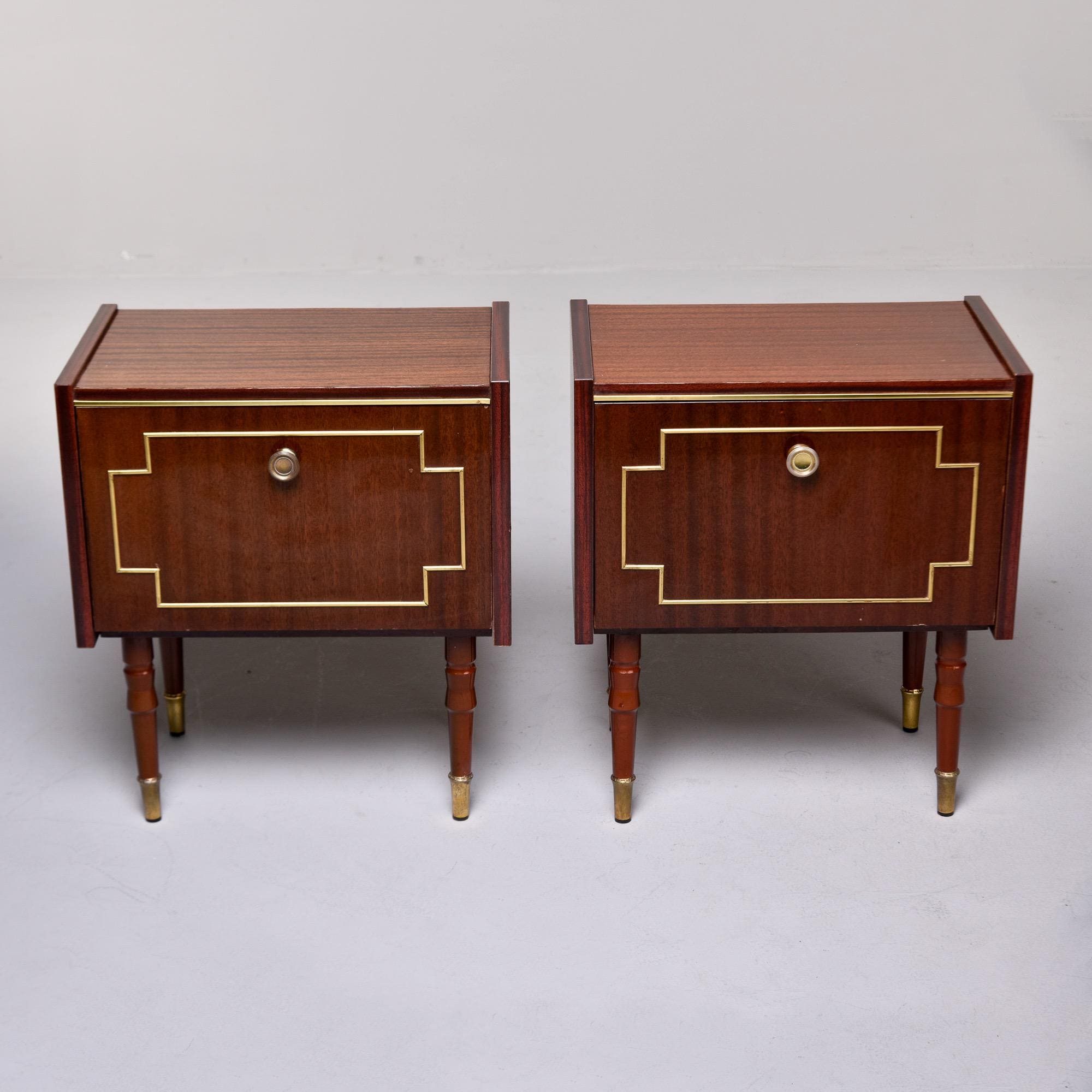 Pair Mid Century Mahogany Night Stands or Side Cabinets with Brass Trim [11579]