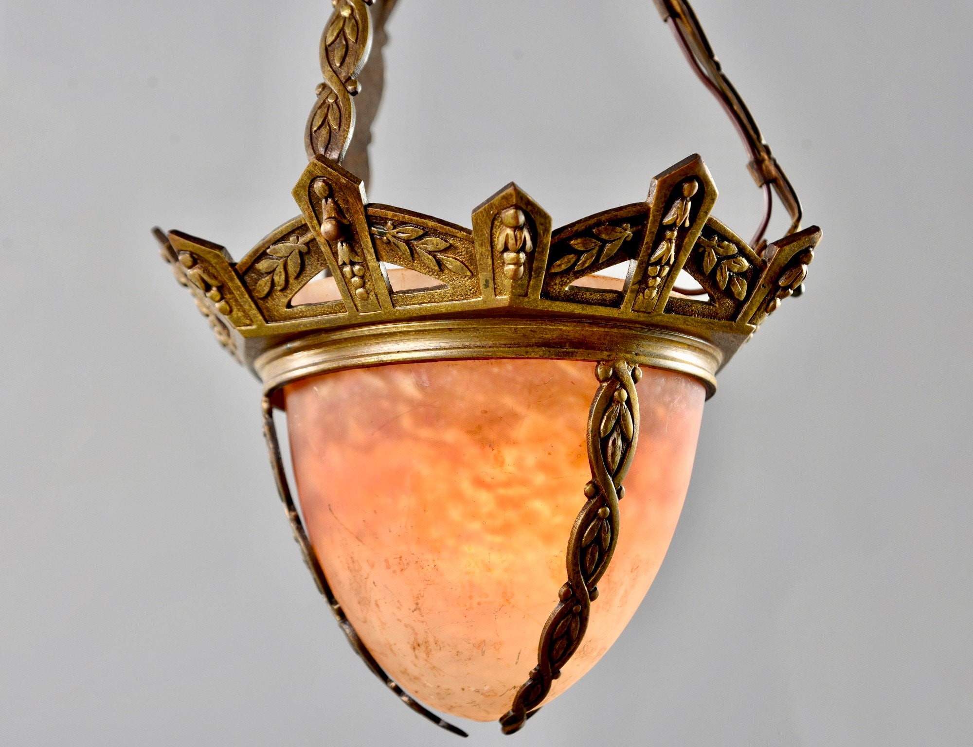 Small Muller Freres Mottled Glass and Bronze Art Deco Pendant [7188]