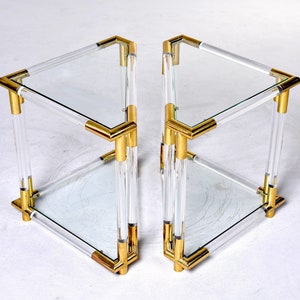 Mid Century Triangular Brass Lucite and Glass Side Tables - Pair [10417]