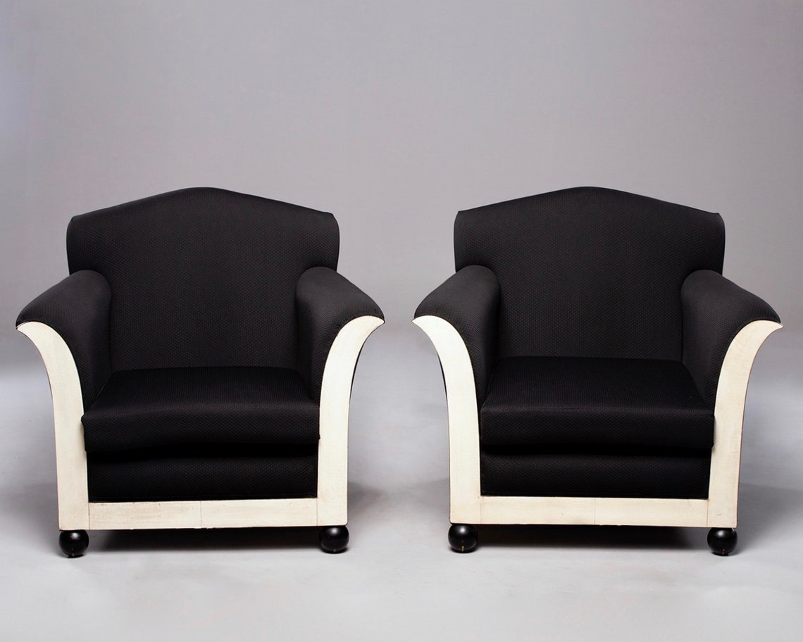 French Art Deco Vellum Edged Club Chairs With Black Upholstery Etsy