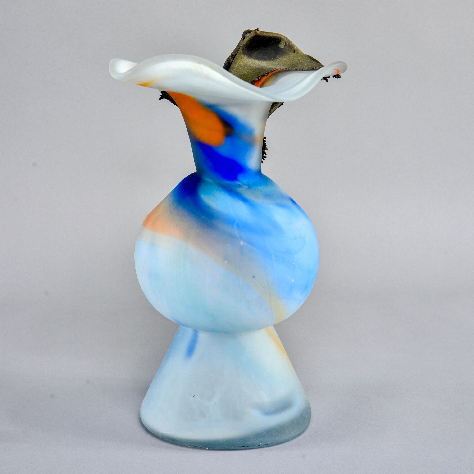 Filip Ravert Blue Art Glass Vase With Bronze Flower Overlay [9518