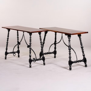 Pair C. 1900 Mahogany Console Tables with Turned Legs and Iron Stretcher [12079]