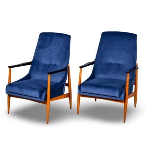 Mid Century Teak Frame Lounge Chairs with New Upholstery - Pair [11398]