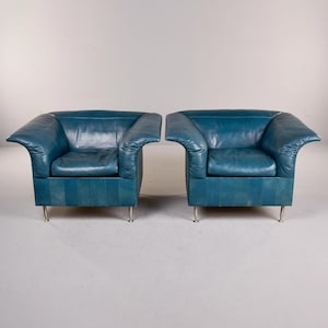 Vintage Poltrona Frau Teal Leather Club Chairs - Pair [11827]