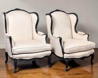 Paar vintage Louis XV-stijl stoelen met houten rugleuning en nieuwe bekleding [12131]