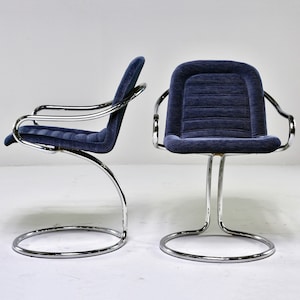 Mid Century Navy Chenille Scoop Armchairs with Chrome Frames - Pair [9366]