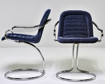 Mid Century Navy Chenille Scoop Armchairs with Chrome Frames - Pair [9366]