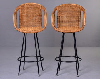 Pair Mid Century Swivel Wicker Bar Height Stools [11060]