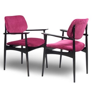 Italian Black Lacquer Armchairs With Ribbed Velvet Upholstery - Pair [9538]