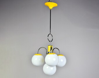 Italian Chrome and Yellow Pendant with White Glass Globes [11308]