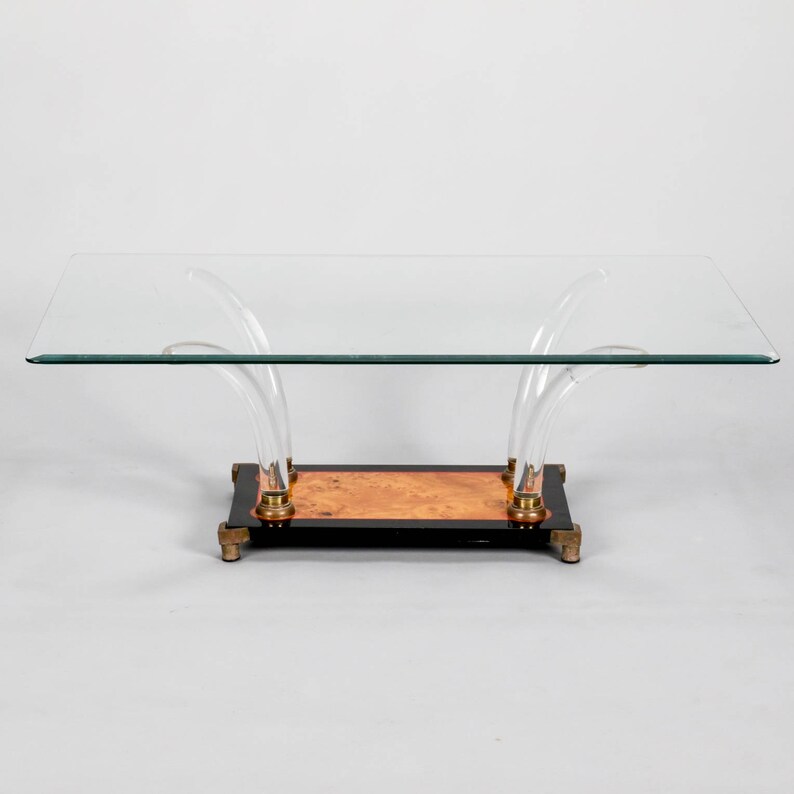 Mid Century Lucite Burl Wood Brass And Glass Cocktail Table Etsy