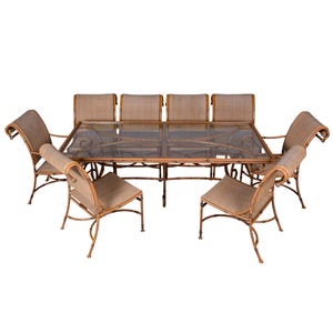 Mid Century Faux Bamboo Metal Patio Glass Table With Eight Chairs [12200]