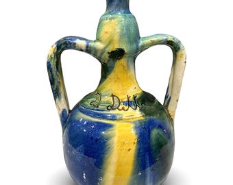 Recipiente francés multicolor azul de dos asas de principios del siglo XX [11276]