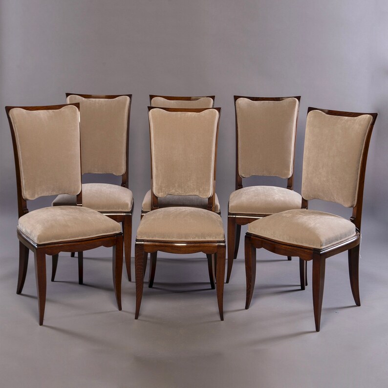Set of 6 8594 Mid-Century Italian Polished Walnut Dining Chairs with Velvet Upholstery