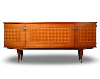 French Art Deco Mahogany Buffet Sideboard Credenza with Checkerboard Parquetry [10963]