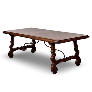 Large 19th C Spanish Walnut Table with Marquetry Top and Iron Stretcher [10233]