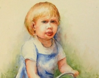 Child with Toy Tractor, 11x15 Original Watercolor