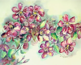 11"x15" ORIGINAL Watercolor Vignette, Purple Clematis Blossoms Painting