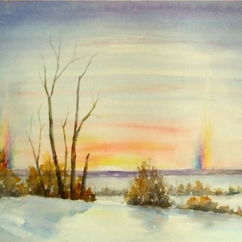 Winter Sunset With Sun Dogs, 11x15 ORIGINAL Watercolor main image 4