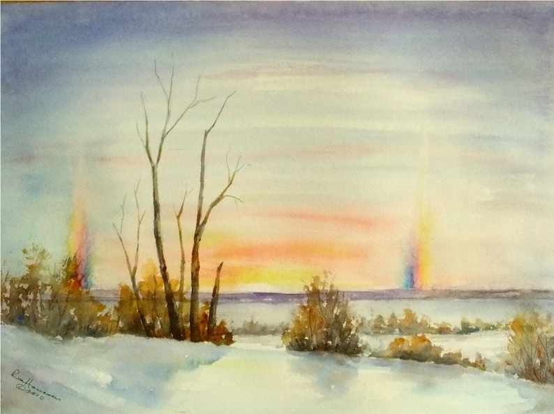 Winter Sunset with Sun Dogs, 11x15 ORIGINAL Watercolor