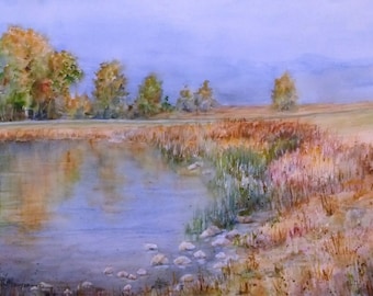 Fall Water Reflections, Original Watercolor Landscape Art