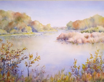 Sale Autumn Lake Reflections, 15x22 ORIGINAL Watercolor