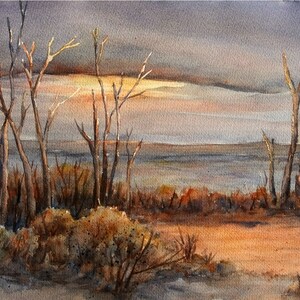 Original Watercolor Winter Sunset Landscape Painting (11x15&quot;)