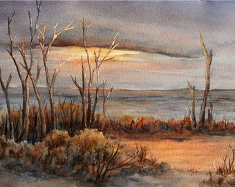Sale Winter Sunset Landscape, 11X15 ORIGINAL Watercolor
