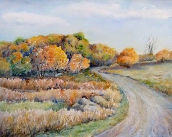 11"x15" Original Watercolor Art, Autumn Trees Landscape Painting