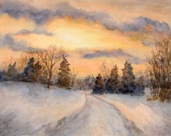 Winter Sunrise Watercolor, 11x15 Original Landscape