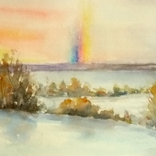 Winter Sunset With Sun Dogs, 11x15 ORIGINAL Watercolor main image 3