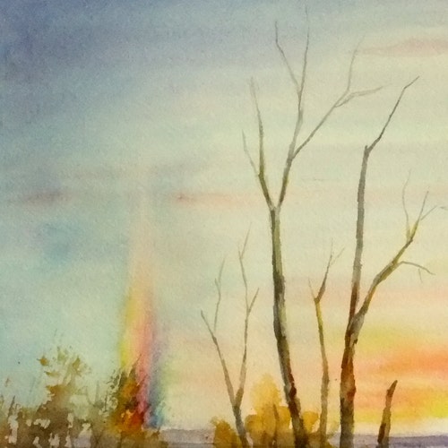 Winter Sunset With Sun Dogs, 11x15 ORIGINAL Watercolor main image 1