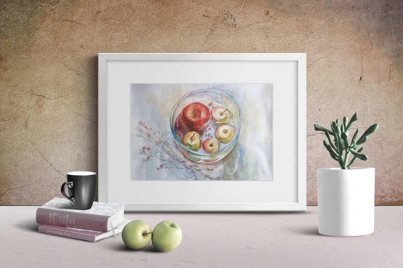 Still Life Original Apple Watercolor Painting Kitchen Etsy