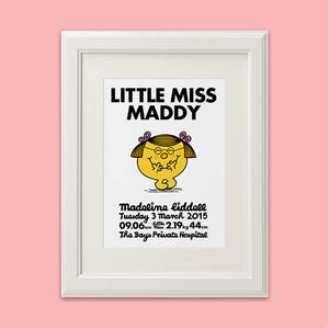 Little Miss & Mr Men // Personalised Birth Art Print // Custom Birth Announcement Nursery Art Decor (available in all characters)