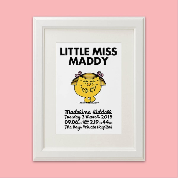 Little Miss & Mr Men // Personalisierte Geburt Art Print // Benutzerdefinierte Geburtsanzeige Kinderzimmer Art Decor (in allen Zeichen verfügbar)