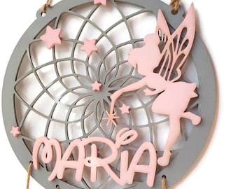 Personalized dreamcatcher name, children&#39;s wooden sign, baby room decoration, baby boy, baby girl, fantasy dreamcatcher Tinker Bell