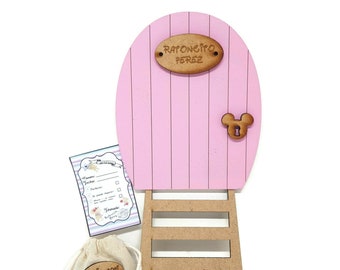 Pink Perez Mouse door with bag to leave the tooth, ladder and certificate, tooth guard, baby teeth, wooden door