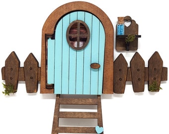 Blue Tooth Fairy Door THAT OPENS, with magic dust that glows in the dark, staircase and decorative fence, baby teeth,