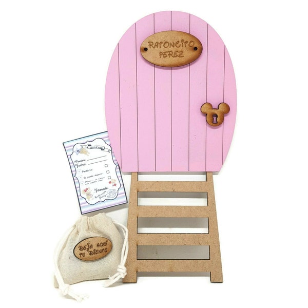 Door Ratoncito Pérez pink with sachet to leave the tooth, ladder and certificate, guards, baby teeth, wooden door