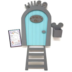 Puerta Ratoncito Pérez azul PERSONALIZADA con buzón para dejar el diente, escalera y certificado, hada de los dientes, guarda dientes
