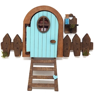 Blue Tooth Fairy Door THAT OPENS, with magic dust that glows in the dark, staircase and decorative fence, baby teeth,