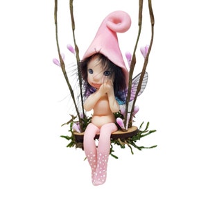 Forest fairy on swing. Decorative porcelain cold porcelain fairy figure elf, miniature fairy elf, fairy garden, pink color image 1