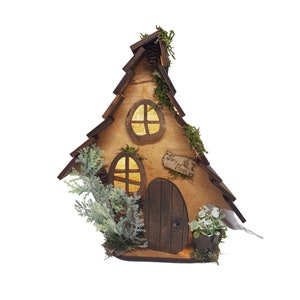 Puede incluir: Una casa de hadas de madera con una puerta marrón, dos ventanas y un letrero que dice "Fairy House". La casa está decorada con musgo y vegetación.