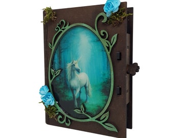 Wooden unicorn box, fairy fantasy chest, decorative wooden jewelry box, unicorn image, possibility to customize, fantasy